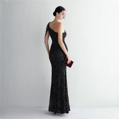 One-Shoulder Sequined Beaded Fishtail Maxi Dress