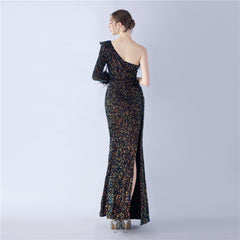 One-Shoulder Ostrich Feather Sequin Maxi Dress