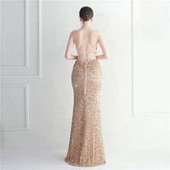Lace-Up Sequin Split Maxi Dress