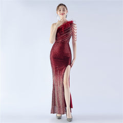 One-Shoulder Ombre Sequin Feather Dress