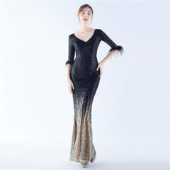 Ostrich Feather Sequin Maxi Dress