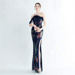 One-Shoulder Ostrich Feather Beaded Maxi Dress