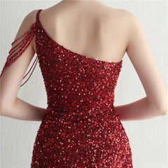 One-Shoulder Sequined Split Maxi Dress