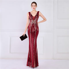 Sequined V-Neck Fishtail Maxi Dress