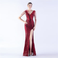 Ostrich Feather Beaded Maxi Dress