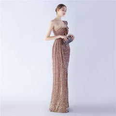 One-Shoulder Ostrich Feather Sequin Maxi Dress