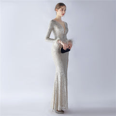 Ostrich Feather Sequin Maxi Dress