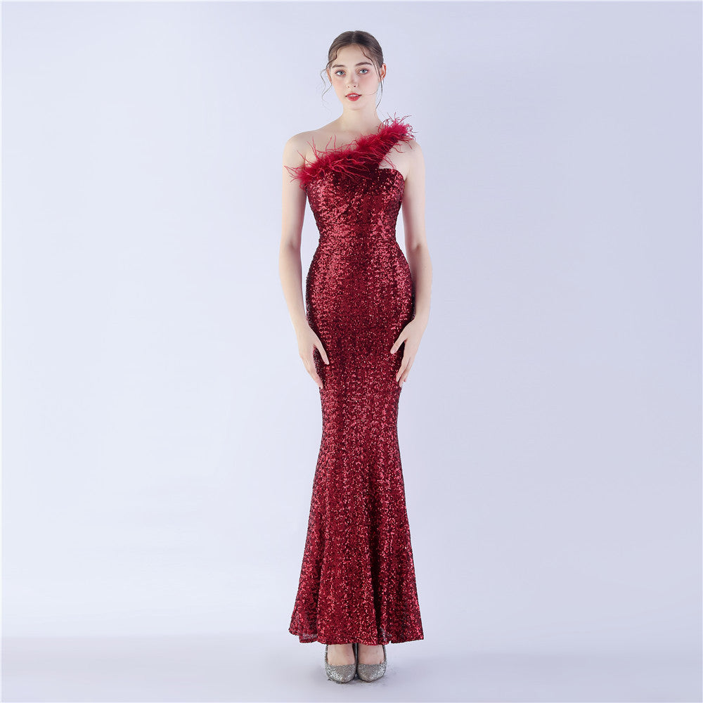 Asymmetric One-Shoulder Sequined Maxi Dress