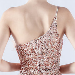 One-Shoulder Sequin Feather Maxi Dress