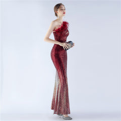 One-Shoulder Ombre Sequin Feather Dress