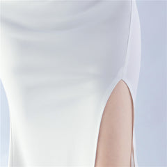 Beaded One-Shoulder Diagonal Collar Maxi Dress