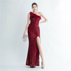 One-Shoulder Sequin Feather Maxi Dress