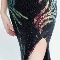 One-Shoulder Ostrich Feather Beaded Maxi Dress