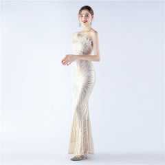 One-Shoulder Sequined Ostrich Feather Dress