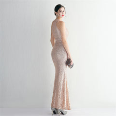 Sequined Halter Fishtail Maxi Dress