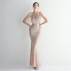 Sequined Halter Fishtail Maxi Dress