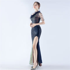 One-Shoulder Ombre Sequin Feather Dress