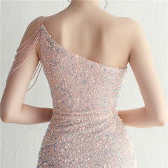 One-Shoulder Sequined Split Maxi Dress
