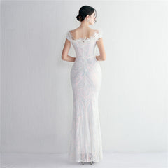 Off-Shoulder Sequined Feather Maxi Dress