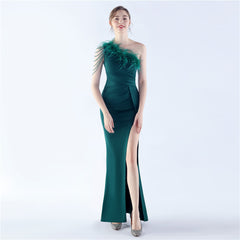 One-Shoulder Feather Maxi Dress