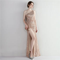 Sequin One-Shoulder Fishtail Maxi Dress