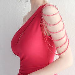 Beaded Rhinestone One-Shoulder Maxi Dress