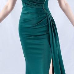 One-Shoulder Beaded Rhinestone Maxi Dress