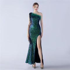 Sequined One-Shoulder Ostrich-Feather Maxi Dress