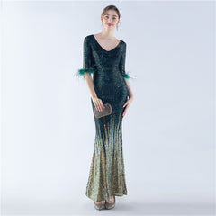 Ostrich Feather Sequin Maxi Dress