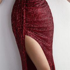 Sequin One-Shoulder Fishtail Maxi Dress