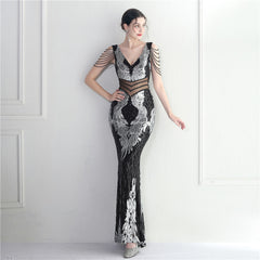 Sequined Beaded Fishtail Maxi Dress