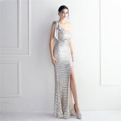 Sequined One-Shoulder Fishtail Maxi Dress