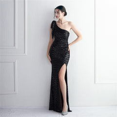 Sequined One-Shoulder Fishtail Maxi Dress