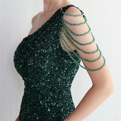 One-Shoulder Sequined Beaded Fishtail Maxi Dress