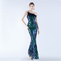 One-Shoulder Sequined Ostrich Feather Dress