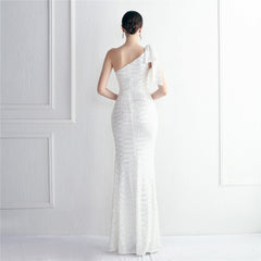 Sequined One-Shoulder Fishtail Maxi Dress