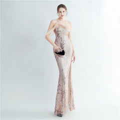 One-Shoulder Ostrich Feather Beaded Maxi Dress
