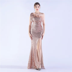 Sequined One-Shoulder Ostrich-Feather Maxi Dress