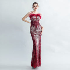 Ostrich Feather Sequin Maxi Dress