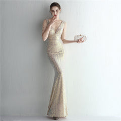 Sequined V-Neck Fishtail Maxi Dress
