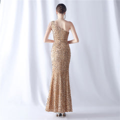 One-Shoulder Beaded Sequin Split Maxi Dress