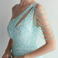 One-Shoulder Sequined Beaded Fishtail Maxi Dress