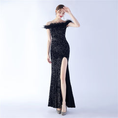 Off-Shoulder Sequin Feather Maxi Dress