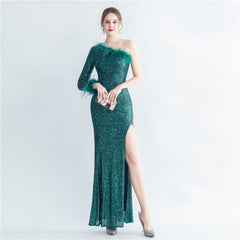 Ostrich Feather One-Shoulder Maxi Dress