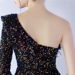 One-Shoulder Ostrich Feather Sequin Maxi Dress