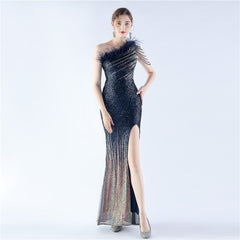 One-Shoulder Ombre Sequin Feather Dress