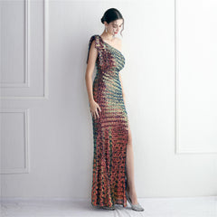 Sequined One-Shoulder Fishtail Maxi Dress