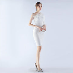 One-Shoulder Sequined Feather Dress