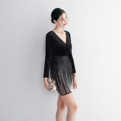 Sequined V-Neck Long-Sleeve Fishtail Dress