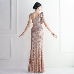 Sequined One-Shoulder Fishtail Maxi Dress